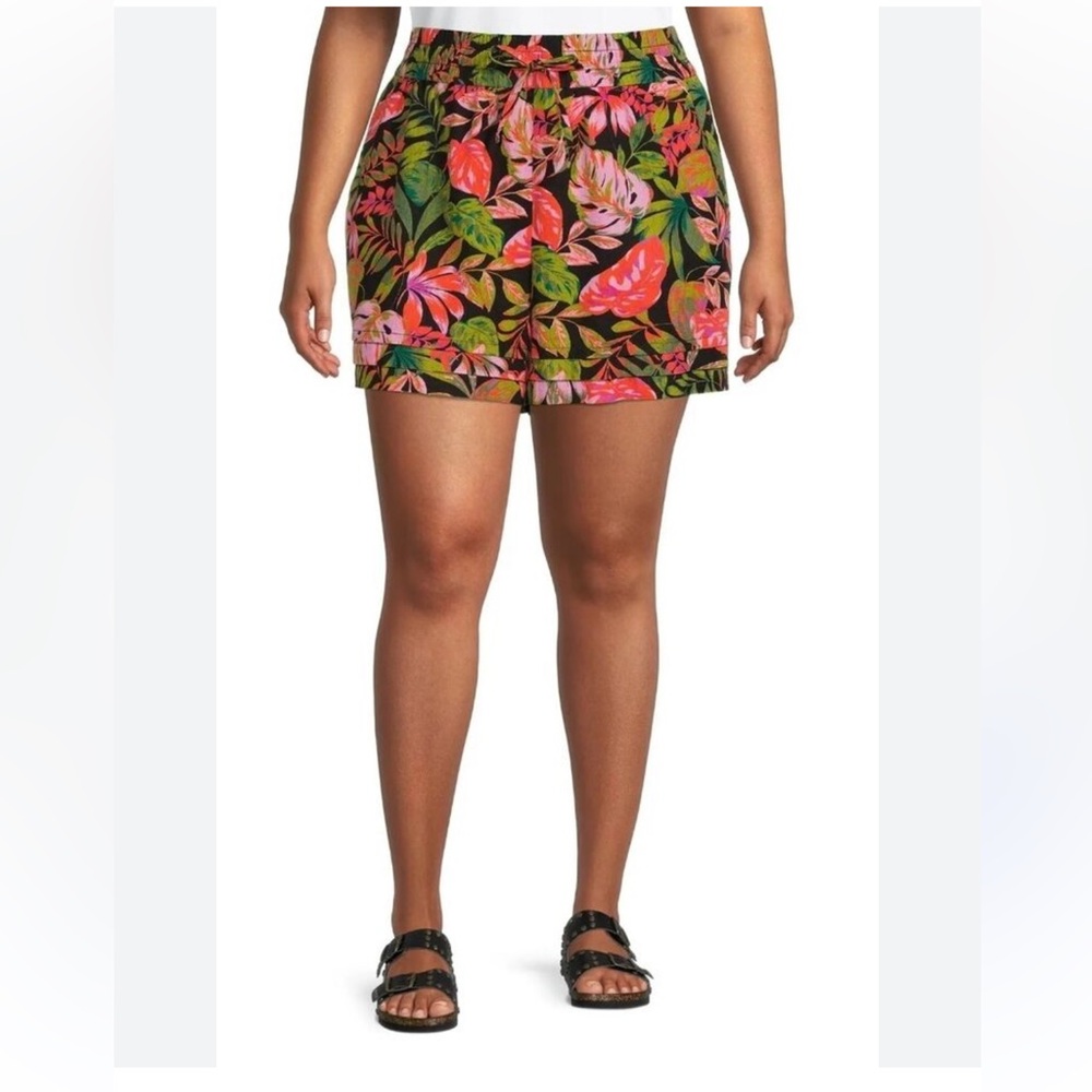 ❤️58 Terra & Sky Tropical Floral Linen Blend Shorts 14W Pink Hawaiian Drawstring